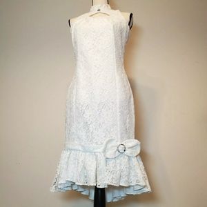 Vintage Midi Mermaid Lace White Mock Neck Keyhole